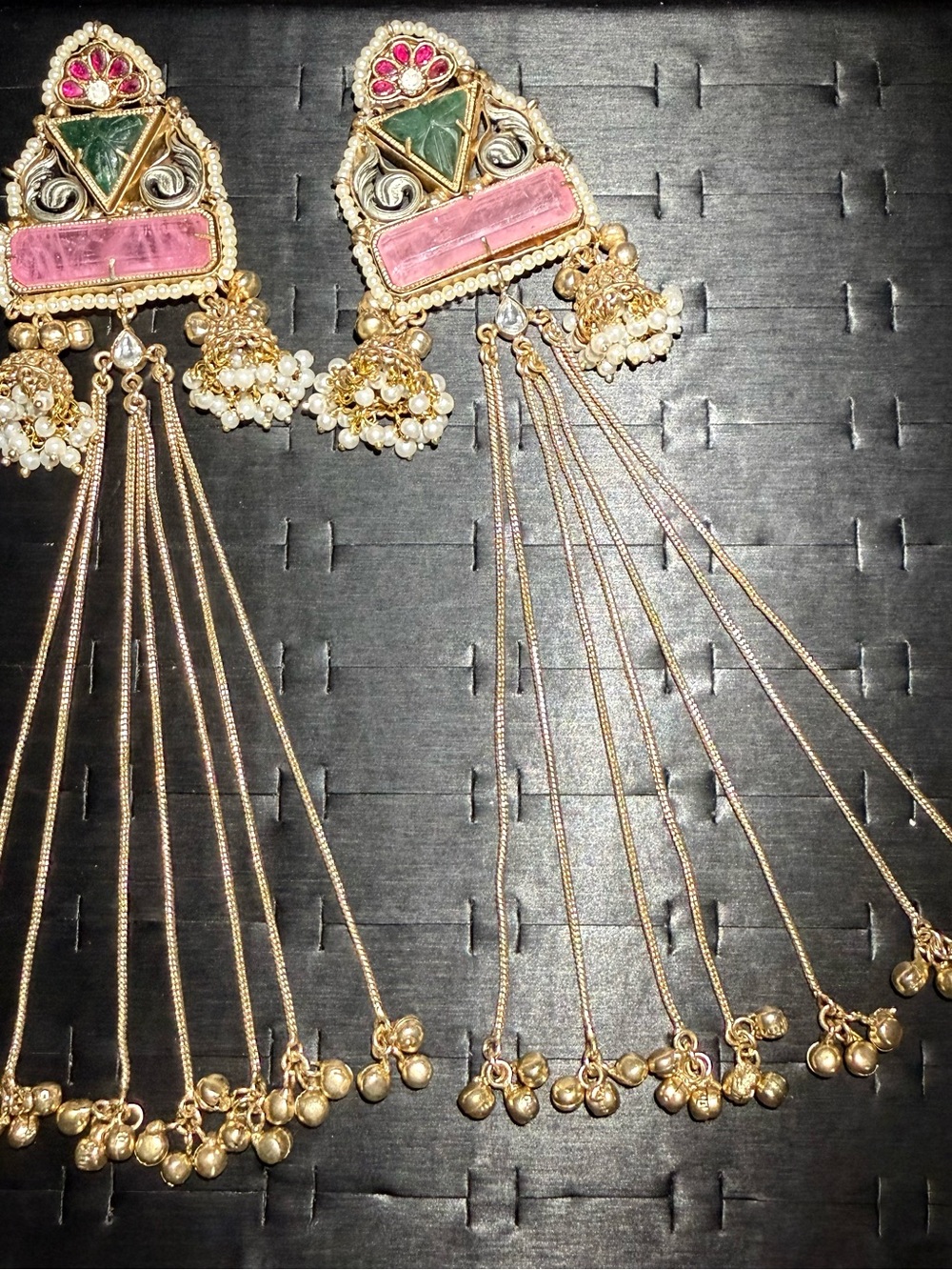Gold Tone Pink and Green Indian Kashmiri Earrings
